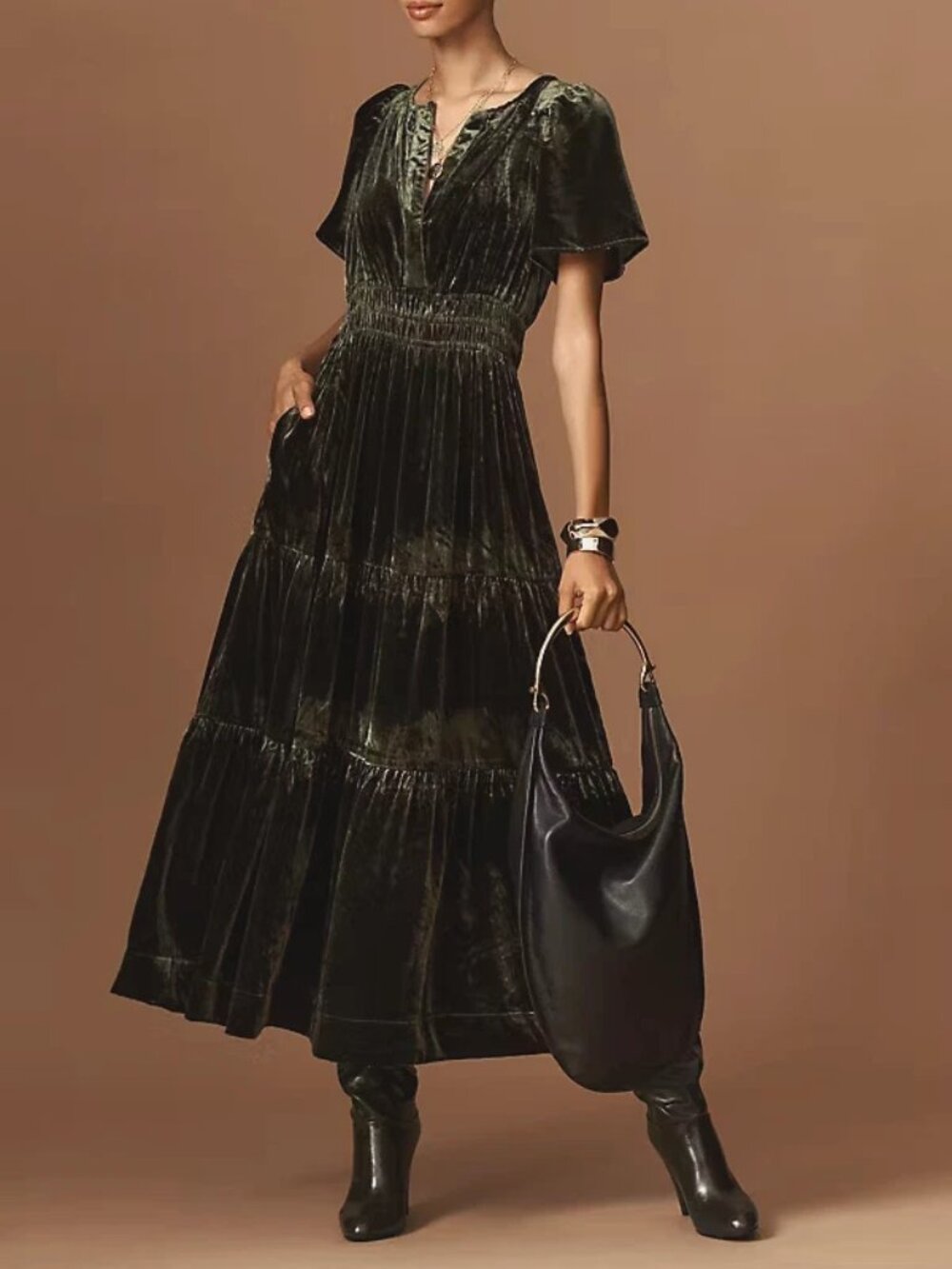 Anthropologie The Somerset Velvet Maxi Dress Dark Green Olive XXSP